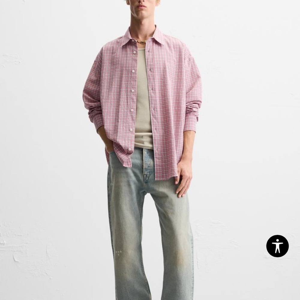 Zara Mens Lighweight Plaid Shirt Pink White Long-Sleeved